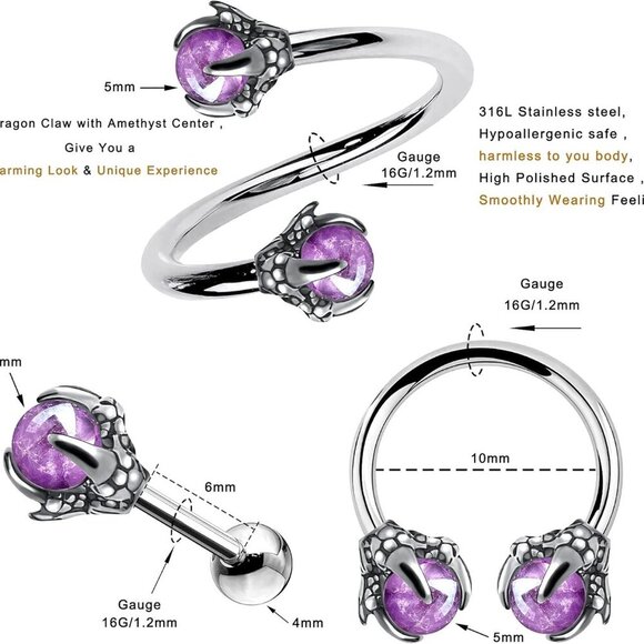 3PCS Cartilage Earrings, 316L Surgical Steel Mixed Earrings with Dragon Claw Twi - Picture 3 of 7